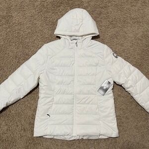 Spyder Puffer Jacket Womens Large Bright White Hooded Quilted Full Zip Ski NEW
